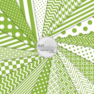May include: A digital paper pack featuring 16 different green and white patterns. The patterns include polka dots, stripes, zigzags, and geometric designs. The text "dxpi DESIGN Digital Paper Pack DP298A" is in the centre of the image.