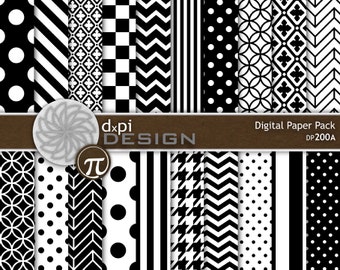 Black and White - Digital Paper and Printable Backgrounds - Black & White Scrapbook Paper in Classic Patterns - Instant Download (DP200A)