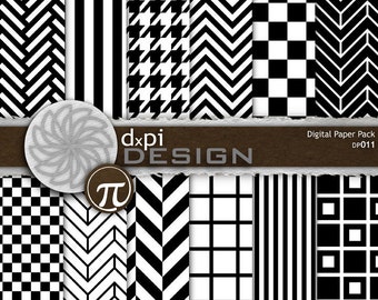Black & White Digital Paper - Printable Background Designs in Herringbone, Chevron, Stripes, Checkered Patterns - Instant Download (DP011)