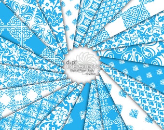 Bright Blue Damask Digital Paper & Printable Backgrounds - Digital Blue Damask Scrapbook Images for DIY Weddings - Instant Download (DP280C)