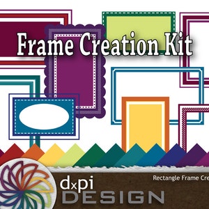Op de afbeelding: Een verzameling kleurrijke rechthoekige frames in verschillende maten en ontwerpen. De afbeelding toont frames in tinten rood, paars, groen, blauw en geel. De tekst "Frame Creation Kit" is prominent aanwezig.