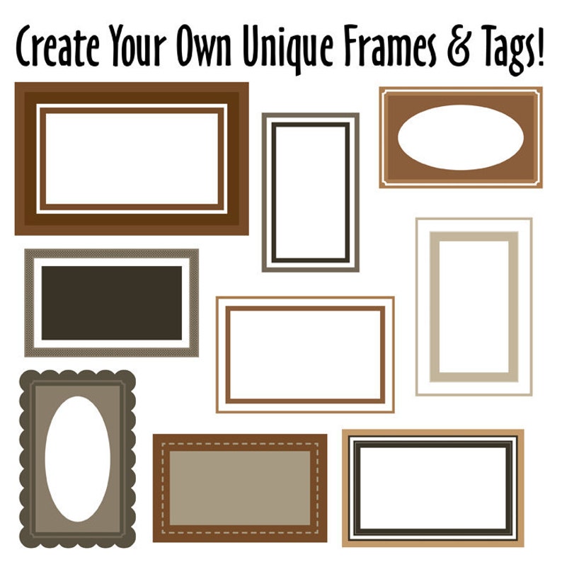 K&ouml;nnte beinhalten: Eine Sammlung brauner und neutralfarbener Rahmen und Etiketten in verschiedenen Formen und Gr&ouml;&szlig;en. Der Text "Create Your Own Unique Frames & Tags!" steht oben. Die Rahmen umfassen rechteckige, ovale und gezackte Designs.