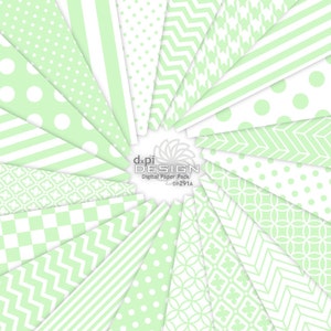 Spring Green Digital Paper & Printable Background Designs - Light Pastel Mint Green Chevron, Stripes, Polka Dots - Instant Download (DP291A)