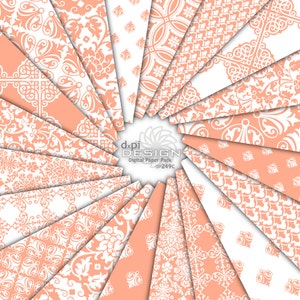 May include: A selection of patterned digital paper sheets arranged in a fan shape. The designs showcase white floral and geometric patterns on a peach backdrop. The text "dxpi DESIGN Digital Paper Pack DP249C" is visible.