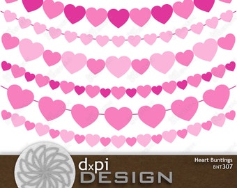 Digital Pink Heart Buntings - Valentine Clip Art Banners with Pink Hearts for Weddings, Valentine's Day, or Romantic Cards & Crafts (BT307B)