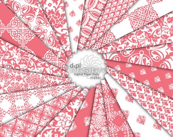 Coral Pink Digital Paper & Printable Damask Backgrounds - Pink Digital Scrapbook Patterns, Coral Pink Damask - Instant Download (DP255C)