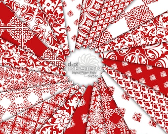 Roter Damast Digitales Papier und druckbare Hintergrunddesigns - ausgefallene rote und weiße digitale Muster für Scrapbook - Sofortiger Download (DP253C)