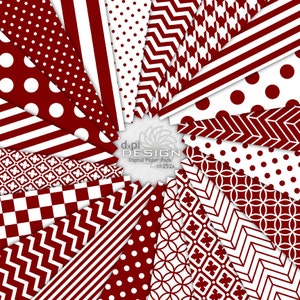 May include: A digital paper pack with 12 different patterns in red and white. The patterns include polka dots, stripes, chevrons, and geometric designs. The pack is called "DP252A".
