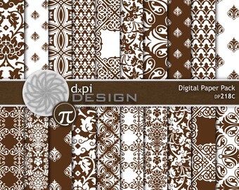 Imágenes digitales y patrones de fondo de damasco marrón - Papel digital con diseños elegantes y ornamentados para álbumes de recortes y manualidades - Descarga instantánea (DP218C)