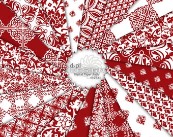 Dark Red Damask Digitales Papier & druckbare Hintergrundbilder - Fancy rote und weiße digitale Scrapbook-Muster - Instant Download (DP254C)