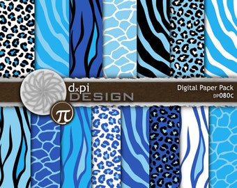 Blue Animal Prints - Digital Scrapbook Paper & Background Images - Blue Zebra, Tiger, Giraffe, Leopard Patterns - Instant Download (DP080C)