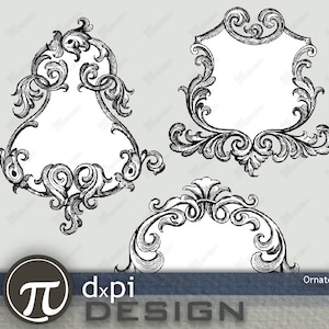May include: Three ornate, black and white frames with intricate scrollwork and blank center spaces. The frames are in different shapes, including a shield and a curved top. The image includes the text "dxpi DESIGN" and "Ornate Frames FRM020".