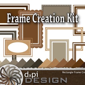 Könnte beinhalten: Ein digitales Frame Creation Kit mit verschiedenen braunen und beigen Rechteckrahmen-Designs. Das Bild enthält Rahmen mit unterschiedlichen Randstilen, eine Farbpalette und den Text "Frame Creation Kit".