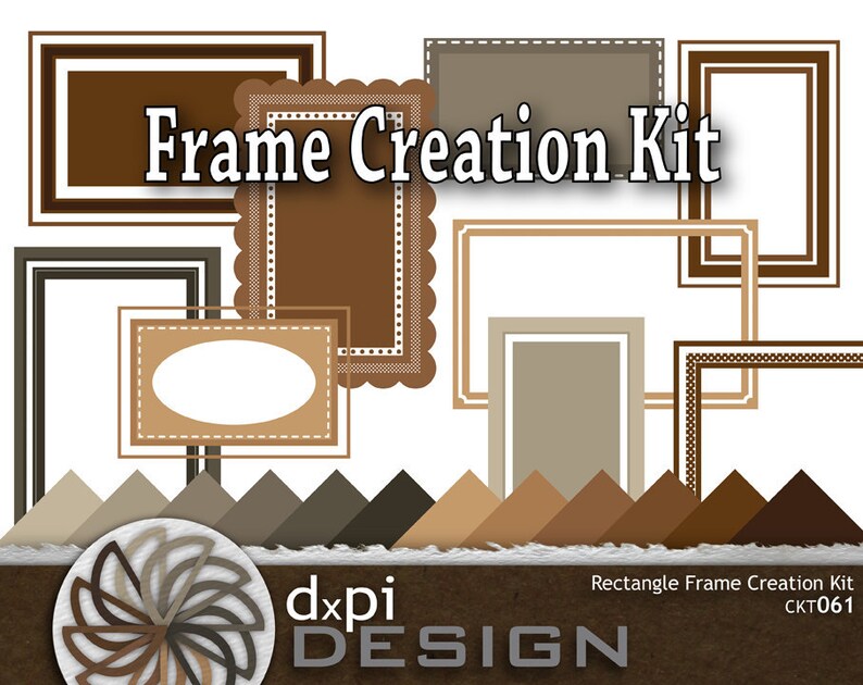 K&ouml;nnte beinhalten: Ein digitales Frame Creation Kit mit verschiedenen braunen und beigen Rechteckrahmen-Designs. Das Bild enth&auml;lt Rahmen mit unterschiedlichen Randstilen, eine Farbpalette und den Text "Frame Creation Kit".