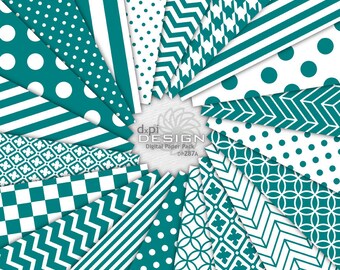 Teal Digital Scrapbook Paper & Printable Backgrounds -  Teal and White Polka Dots, Stripes, Chevron Patterns - Instant Download (DP287A)