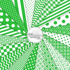 May include: A digital paper pack with 12 different green and white patterns. The patterns include polka dots, stripes, zigzags, and geometric designs. The pack is called "Digital Paper Pack DP293A".
