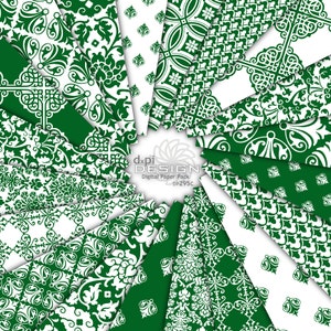 May include: A digital paper pack with 12 different patterns featuring a white damask design on a green background. The pack is called "DP295C".