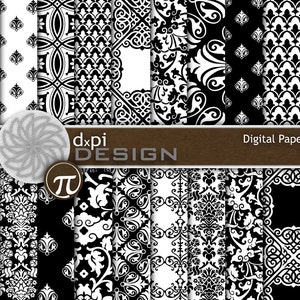 Black & White Damask Digital Paper and Background Images - Printable Black Damask Scrapbook Paper for Weddings - Instant Download (DP200C)