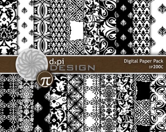 Black & White Damask Digital Paper and Background Images - Printable Black Damask Scrapbook Paper for Weddings - Instant Download (DP200C)