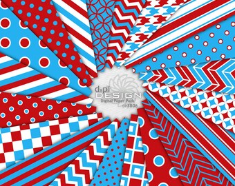 Bright Blue and Red Digital Paper and Printable Background Designs - Red White & Blue Digital Scrapbook Patterns - Instant Download (DP380B)