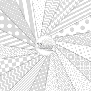 Puede incluir: Una colección de hojas de papel digital con varios patrones, incluyendo lunares, rayas y diseños geométricos. La paleta de colores es principalmente gris y blanco, dispuesta en un patrón radial. El texto "dxpi DESIGN Digital Paper Pack DP208A" es visible.