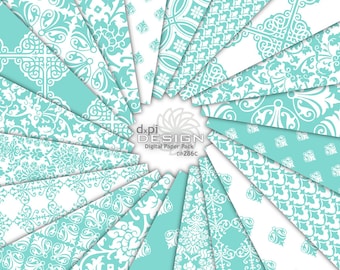 Aqua Blue Digital Damask Paper & Background Designs for scrapbooking and crafts - Instant Download (DP286C)