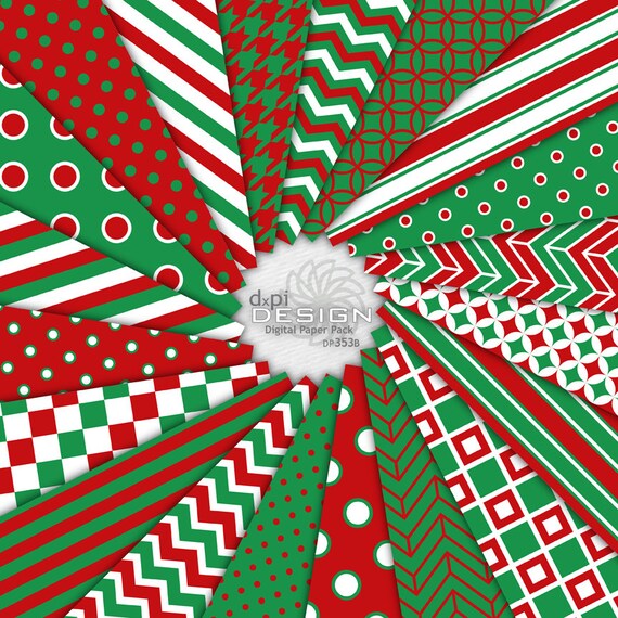 Red & Green Digital Paper and Holiday Backgrounds - Digital Christmas Scrapbook - Stripes, Polka Dots, Chevrons - Instant Download (DP353B)