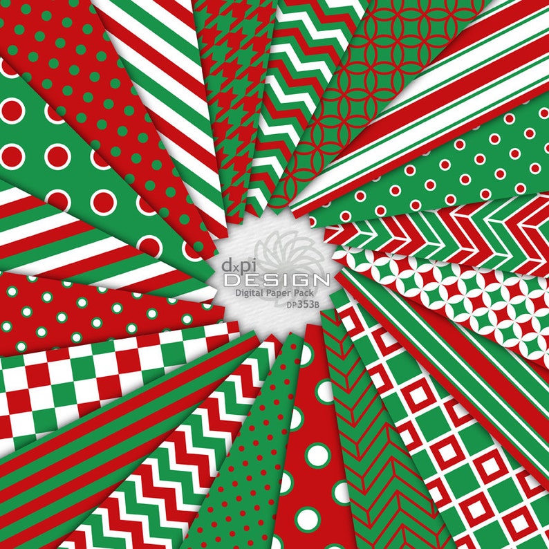 May include: A collection of Christmas-themed digital paper sheets. The designs feature red, green, and white patterns, including polka dots, stripes, zigzags, and geometric shapes. The text "dxpi DESIGN Digital Paper Pack DP353B" is visible.