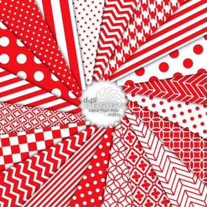 Crimson Red Digital Patterns & Background Images - Bright Red Digital Scrapbook Paper in Chevrons and Polka Dots - Instant Download (DP251A)