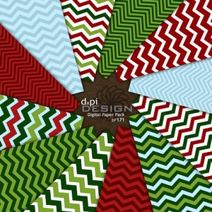 May include: A collection of digital paper sheets with a chevron pattern in various colors. The color palette includes red, green, white, and light blue. The center of the image features the text "dxpi DESIGN Digital Paper Pack DP171".