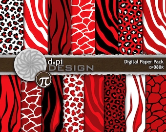 Red Animal Prints - Digital Paper & Background Patterns - Red Leopard, Zebra, Tiger, Giraffe Scrapbook Designs - Instant Download (DP080R)