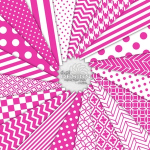 HOT PINK - Digital Scrapbook Paper - Printable Background Designs in pink and white - Instant Download (DP259A)