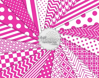 HOT PINK - Digital Scrapbook Paper - Printable Background Designs in pink and white - Instant Download (DP259A)