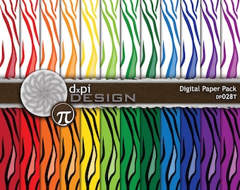 Animal Print Digital Paper - Rainbow Tiger Stripe Images and Bold Primary Colored Backgrounds for Scrapbooking - Instant Download (DP028T)