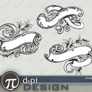 May include: Black and white ornate scroll designs with blank banners for text. The designs feature swirling patterns, leaves, and berries. The image includes the text "Ornate Scrolls" and "dxpi DESIGN".