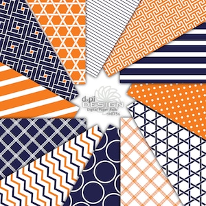 Modern Orange & Navy Digital Images and Printable Background Patterns - Digital Scrapbook Paper in Blue, Orange - Instant Download (DP075G)