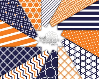Modern Orange & Navy Digital Images and Printable Background Patterns - Digital Scrapbook Paper in Blue, Orange - Instant Download (DP075G)