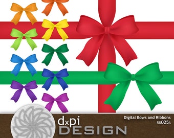 Digital Bows & Ribbons - Digital Scrapbook Ribbons - Printable Gift Bows in Bright Primary Rainbow Colors - Instant Download (RB025A)