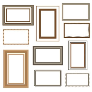 K&ouml;nnte beinhalten: Eine Sammlung rechteckiger Bilderrahmen in verschiedenen Braun- und Beiget&ouml;nen. Die Rahmen haben unterschiedliche Bord&uuml;rendesigns, darunter durchgehende, gepunktete und gen&auml;hte Muster. Die Rahmen sind leer, mit wei&szlig;em Raum in der Mitte.