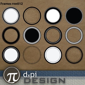May include: A collection of twelve circular frames in black and white. The frames have various designs, including solid black, solid white, and outlined circles with dotted or solid borders. The text "Circle Frames FRM012" is at the top.
