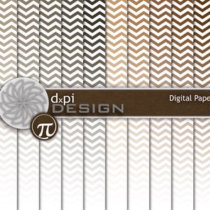 May include: Digital paper pack with 12 chevron patterns in shades of brown, gray, and white. The patterns are arranged in a grid with a brown wooden banner at the top that reads "Digital Paper Pack DP064B".