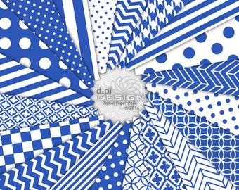 Blue Digital Paper and Printable Background Designs - Digital Scrapbook Images in Stripe & Polka Dot Patterns - Instant Download (DP281A)