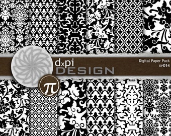 Black & White Damask Digital Papers - Formal Backgrounds for weddings, invitations, and photography - Instant Download (DP014)