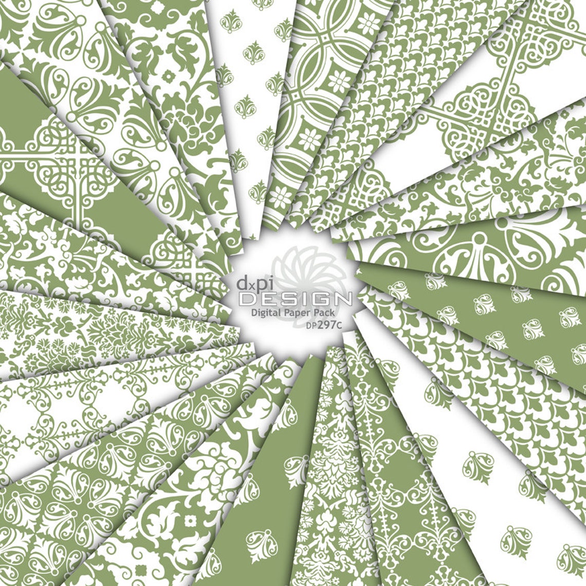 Moss Green Damask Digital Paper & Printable Backgrounds - Gray-green ...