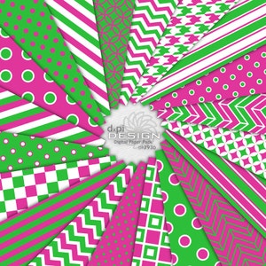 May include: A collection of digital paper sheets in a radial pattern. The sheets feature various patterns in green, pink, and white, including polka dots, stripes, chevrons, and geometric shapes. The design includes the text "dxpi DESIGN Digital Paper Pack DP393D".