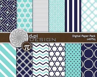 Aqua Blue & Navy Digital Patterns and Printable Backgrounds - Modern Contemporary Blue Digital Scrapbook Paper - Instant Download (DP075Q)
