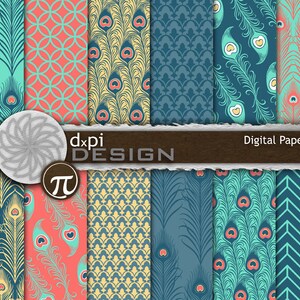 Peacock Feathers - Digital Paper & Printable Backgrounds in Yellow, Blue, Coral - Art Nouveau Scrapbook Images - Instant Download (DP095C)