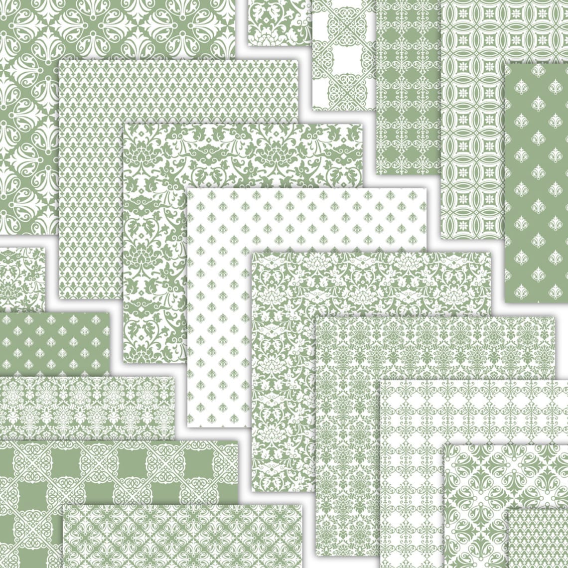 Sage Green Damask Digital Paper & Printable Backgrounds - Formal Green ...