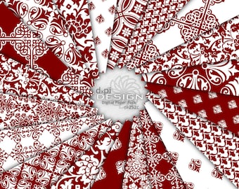 Maroon Damast Digitales Papier und Hintergrundbilder - Rote Verzierte Verschnörkelte Scrapbook Muster für Hochzeit Bastelarbeiten - Instant Download (DP252C)