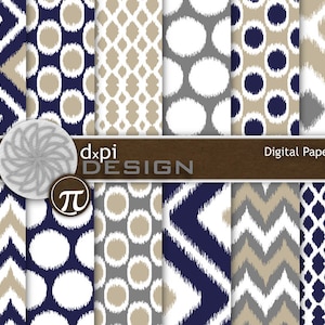 May include: A digital paper pack featuring various patterns in navy blue, white, gray, and tan. Designs include polka dots, chevrons, diamonds, and geometric shapes. The text "dxpi DESIGN" and "Digital Paper Pack DP085F" are visible.